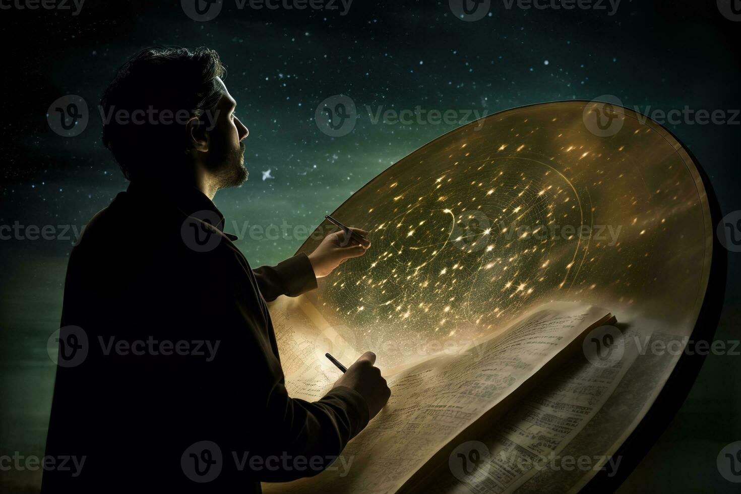 A astronomer gazing up at the night sky filled with stars, holding an antique cosmology chart or sand tray in hand. The movement of celestial bodies shapes destiny and seasons the soul. Generative AI photo