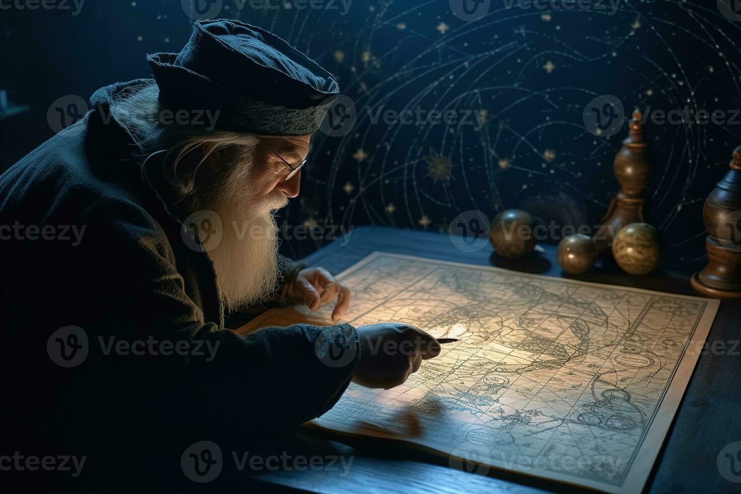 A astronomer gazing up at the night sky filled with stars, holding an antique cosmology chart or sand tray in hand. The movement of celestial bodies shapes destiny and seasons the soul. Generative AI photo