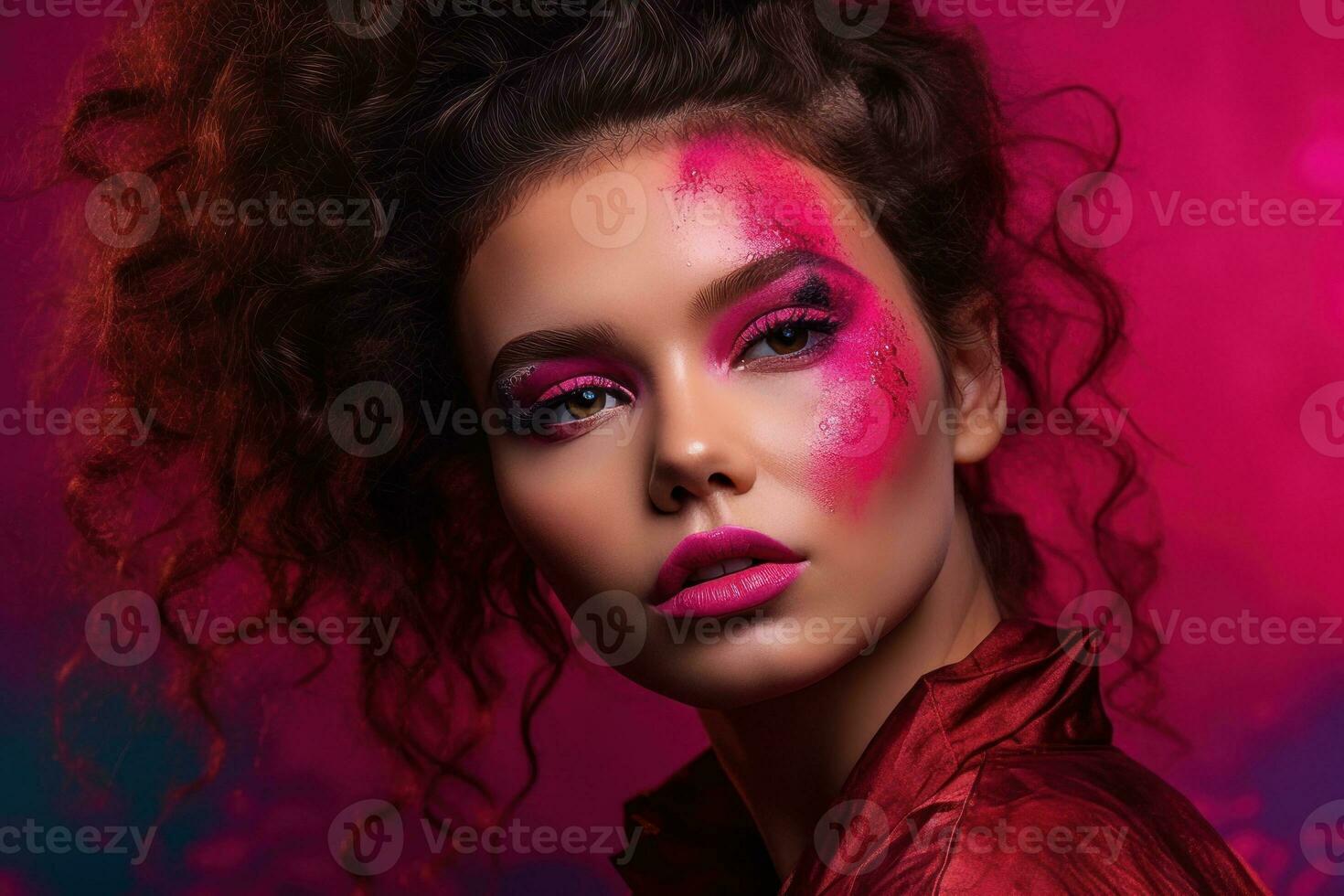 A model wearing makeup with a fuchsia-colored palette, against a plain background, with a sense of bold and playful beauty. Concept of experimentation and creativity. Generative AI photo