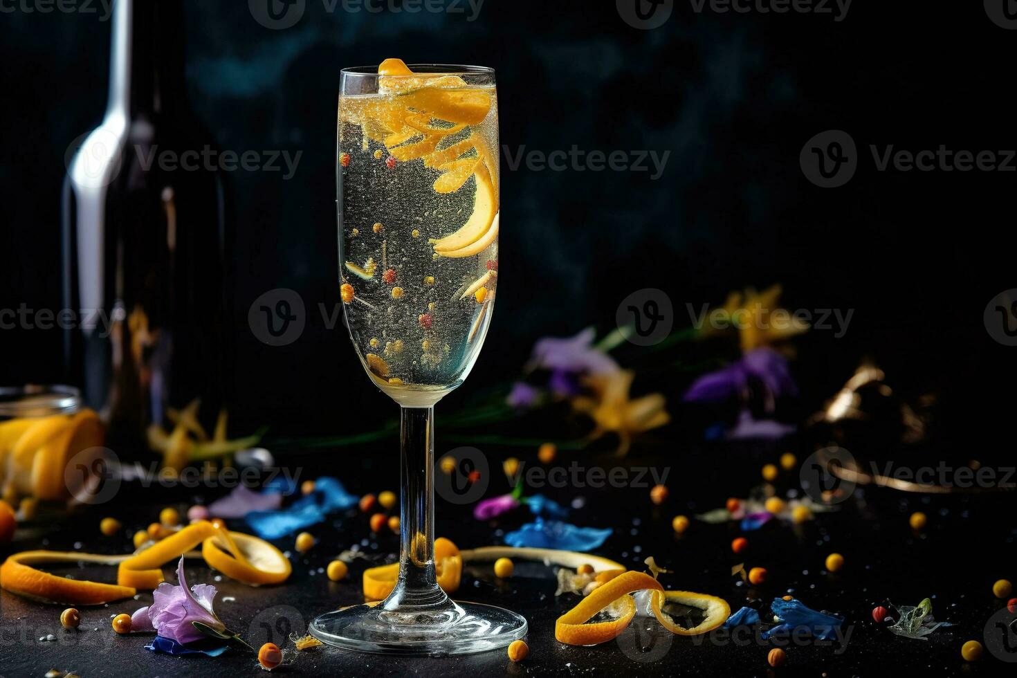 Celebratory French 75 cocktail, served in a champagne flute and garnished with a twist of lemon, surrounded by a festive atmosphere with confetti and party decorations. Generative Ai photo