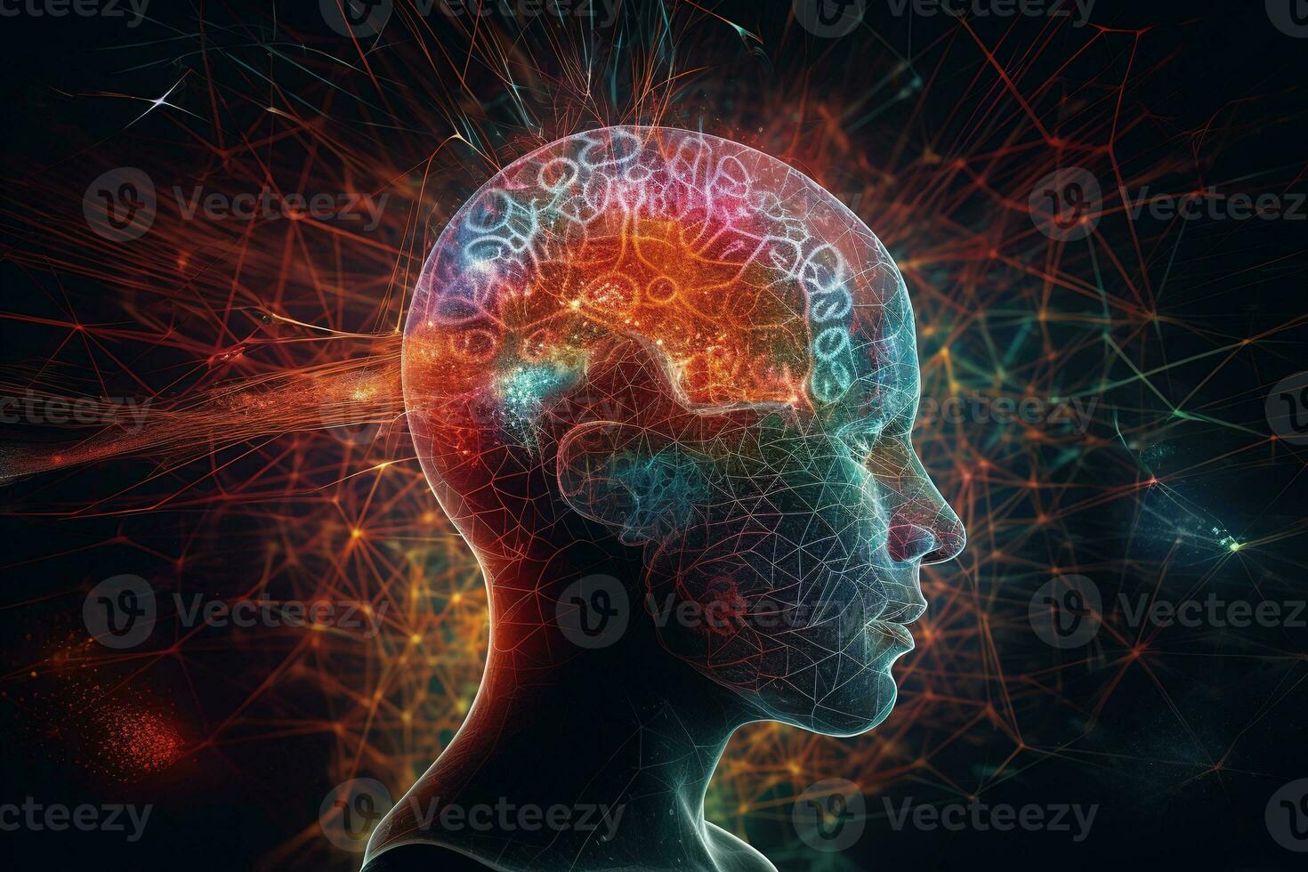 A brain scanning a person during states of transcendence, meditation, trance or dreamtime. Psychedelic colors and geometric shapes are emanating from the mind. Generative AI photo