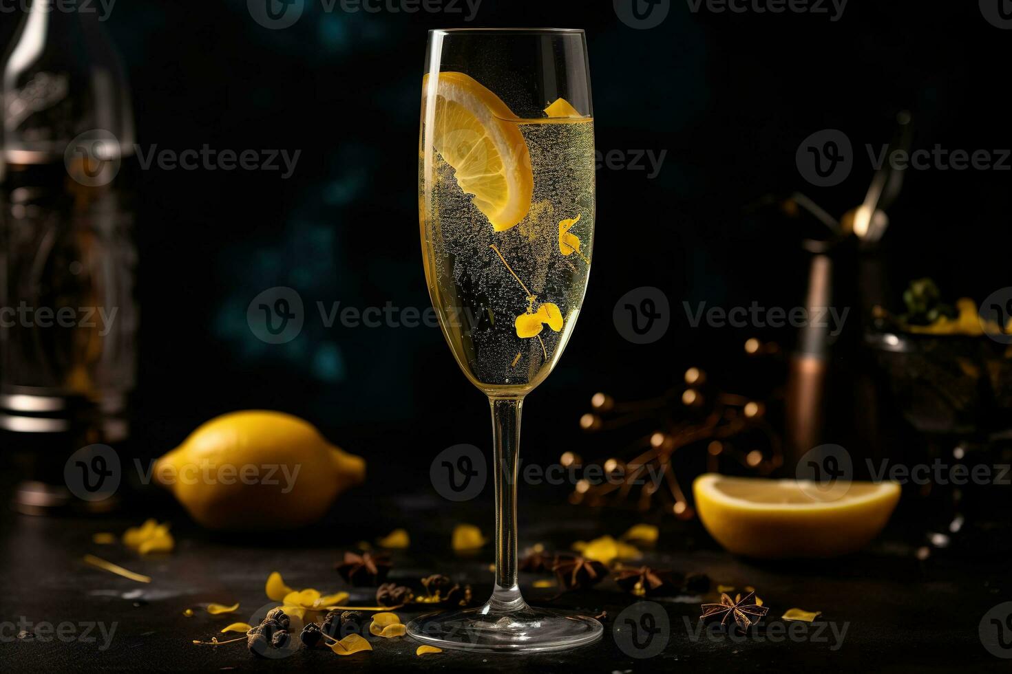 Celebratory French 75 cocktail, served in a champagne flute and garnished with a twist of lemon, surrounded by a festive atmosphere with confetti and party decorations. Generative Ai photo