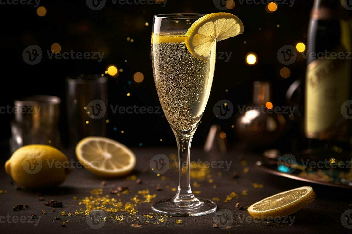 Celebratory French 75 cocktail, served in a champagne flute and garnished with a twist of lemon, surrounded by a festive atmosphere with confetti and party decorations. Generative Ai photo