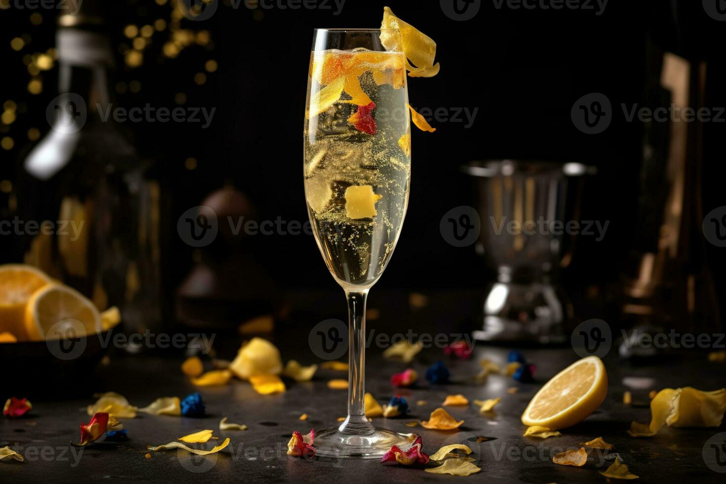 Celebratory French 75 cocktail, served in a champagne flute and garnished with a twist of lemon, surrounded by a festive atmosphere with confetti and party decorations. Generative Ai photo