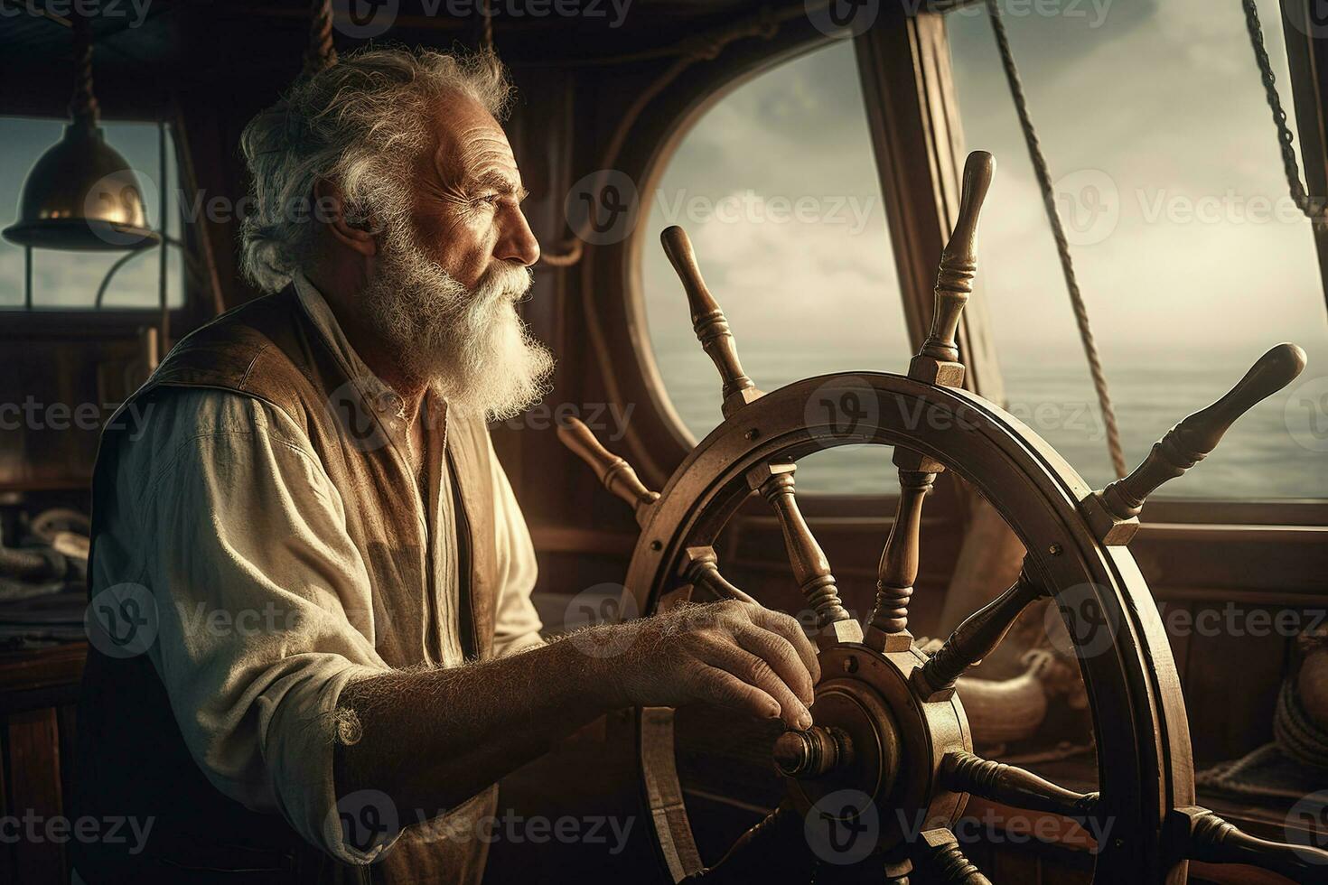 A captain stands at the wheel, surveying the sea and adjusting the sails to maintain speed and direction. Deeply tanned from sun and sea, possessing a timeless nautical competence. Generative AI photo