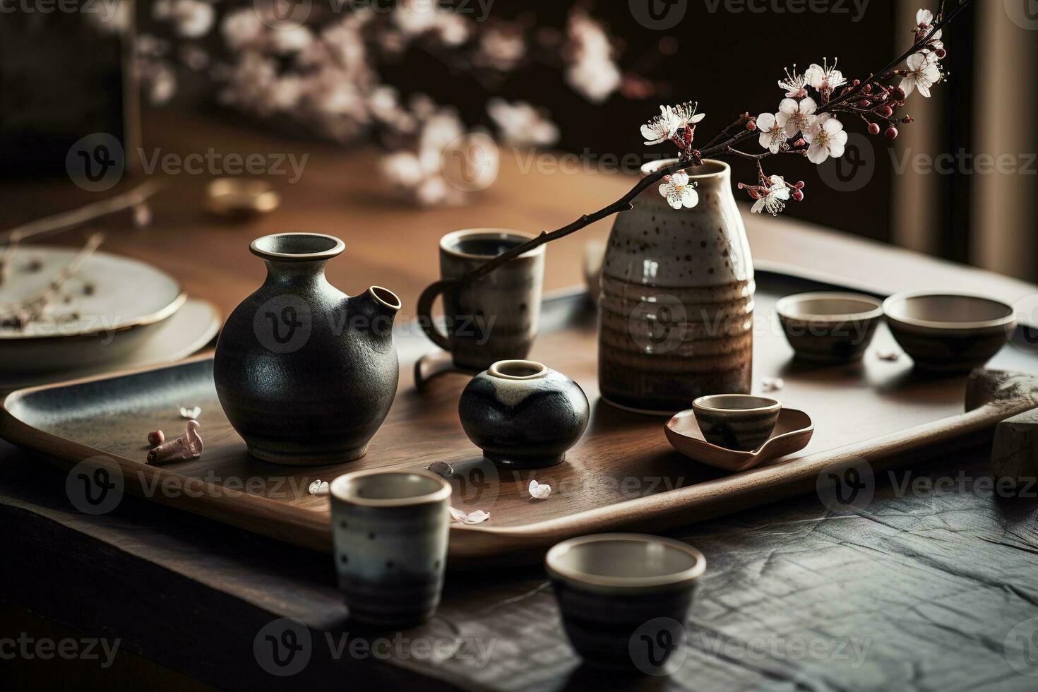 A captivating, Japanese-inspired sake presentation, with a traditional sake set, including a ceramic flask and small cups, surrounded by cherry blossoms and minimalist decor. Generative AI photo