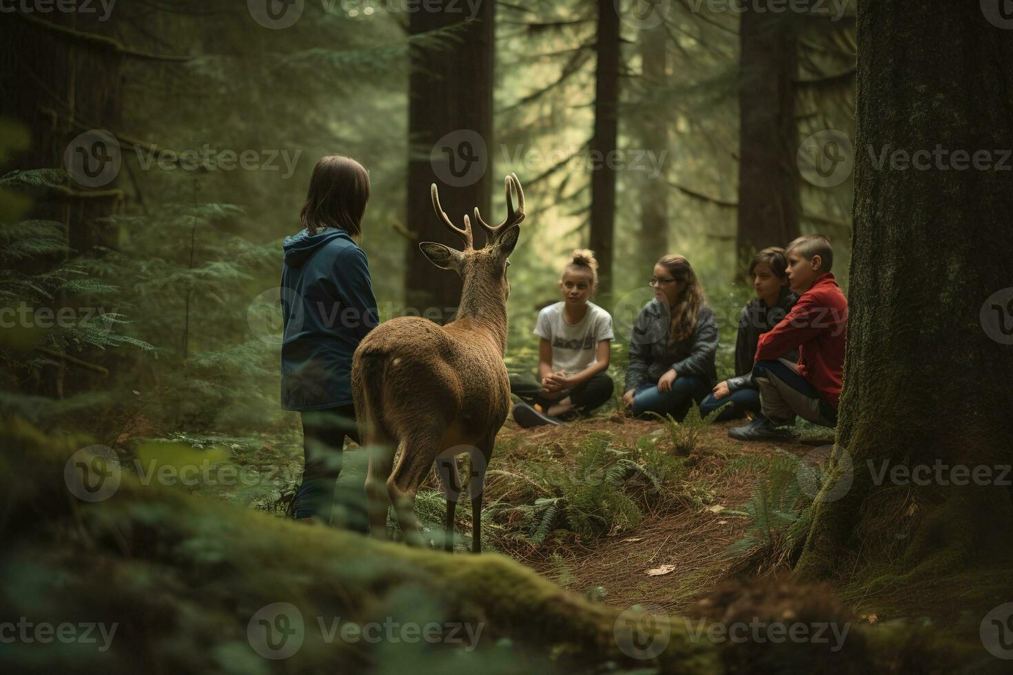 A captivating, wildlife encounter during a family camping trip, featuring parents and children observing a deer, fostering a sense of wonder and appreciation for nature. Generative AI photo