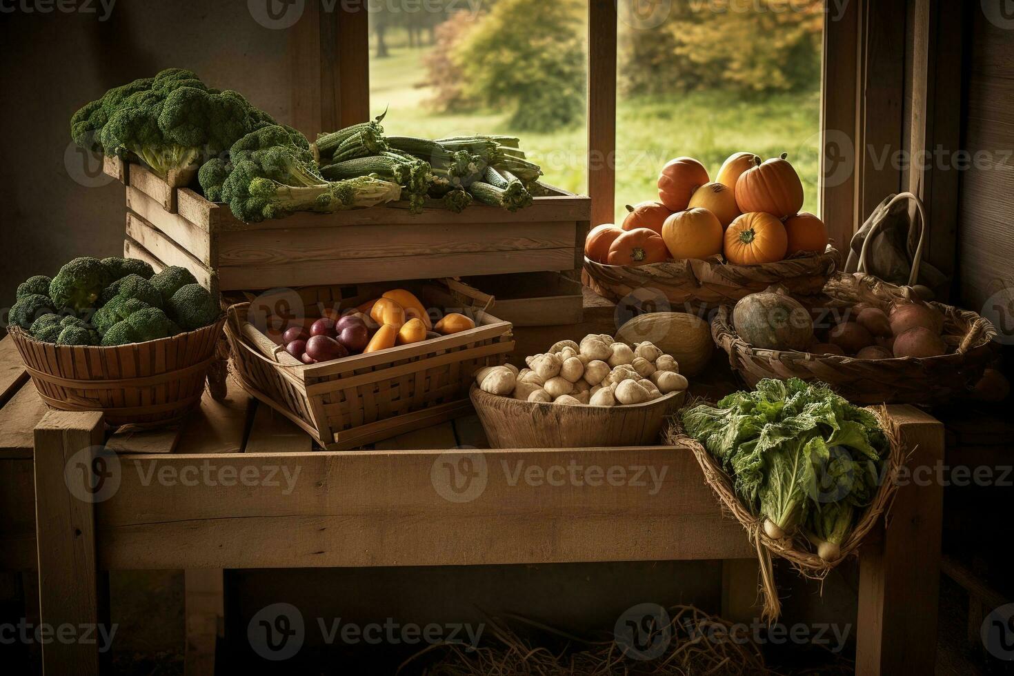 A charming, rustic scene of a vegetable harvest displayed in a wooden crate, wicker basket, wheelbarrow, emphasizing the farm-to-table concept and the freshness of the produce. Generative AI photo