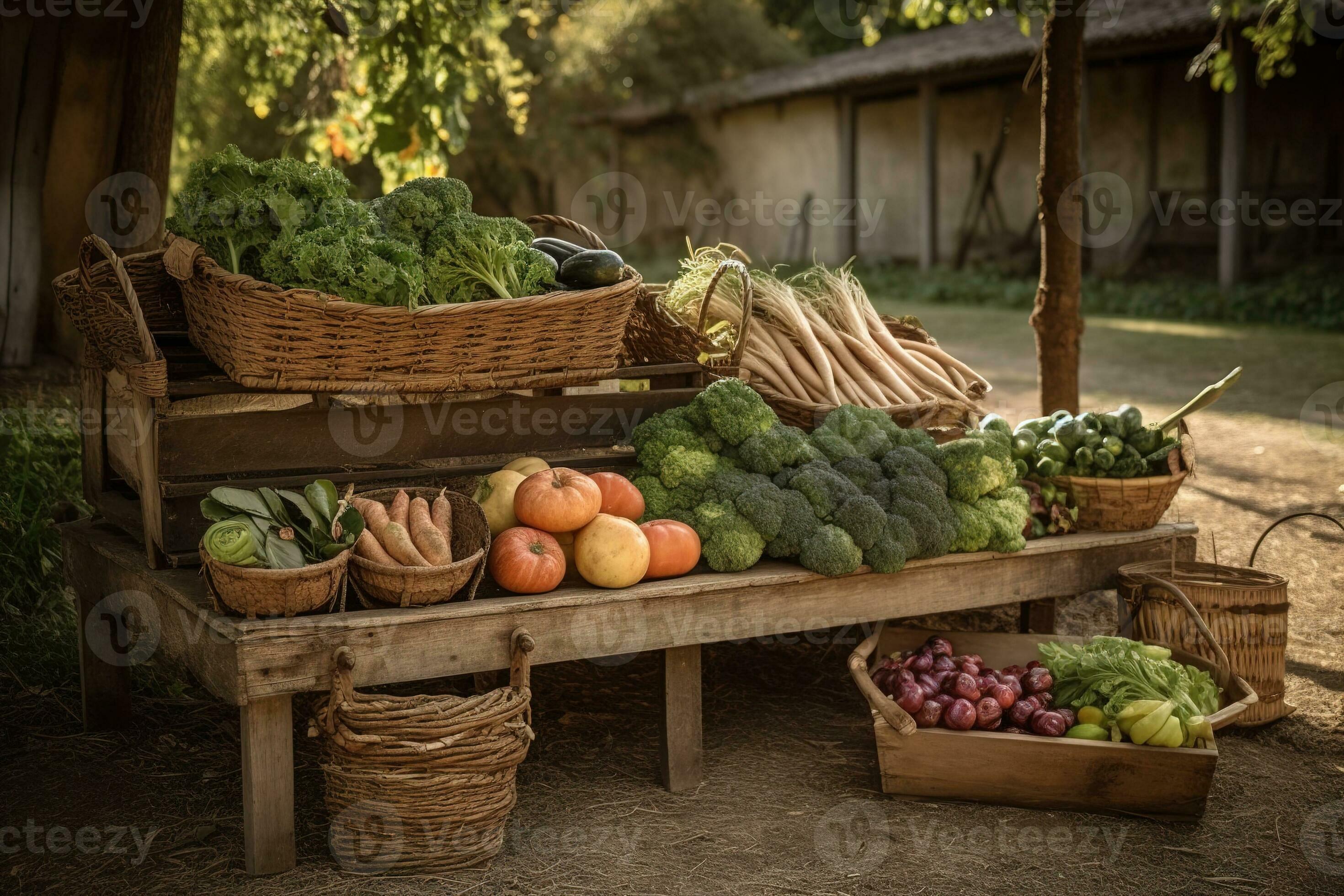 A charming rustic scene of a vegetable harvest displayed in a