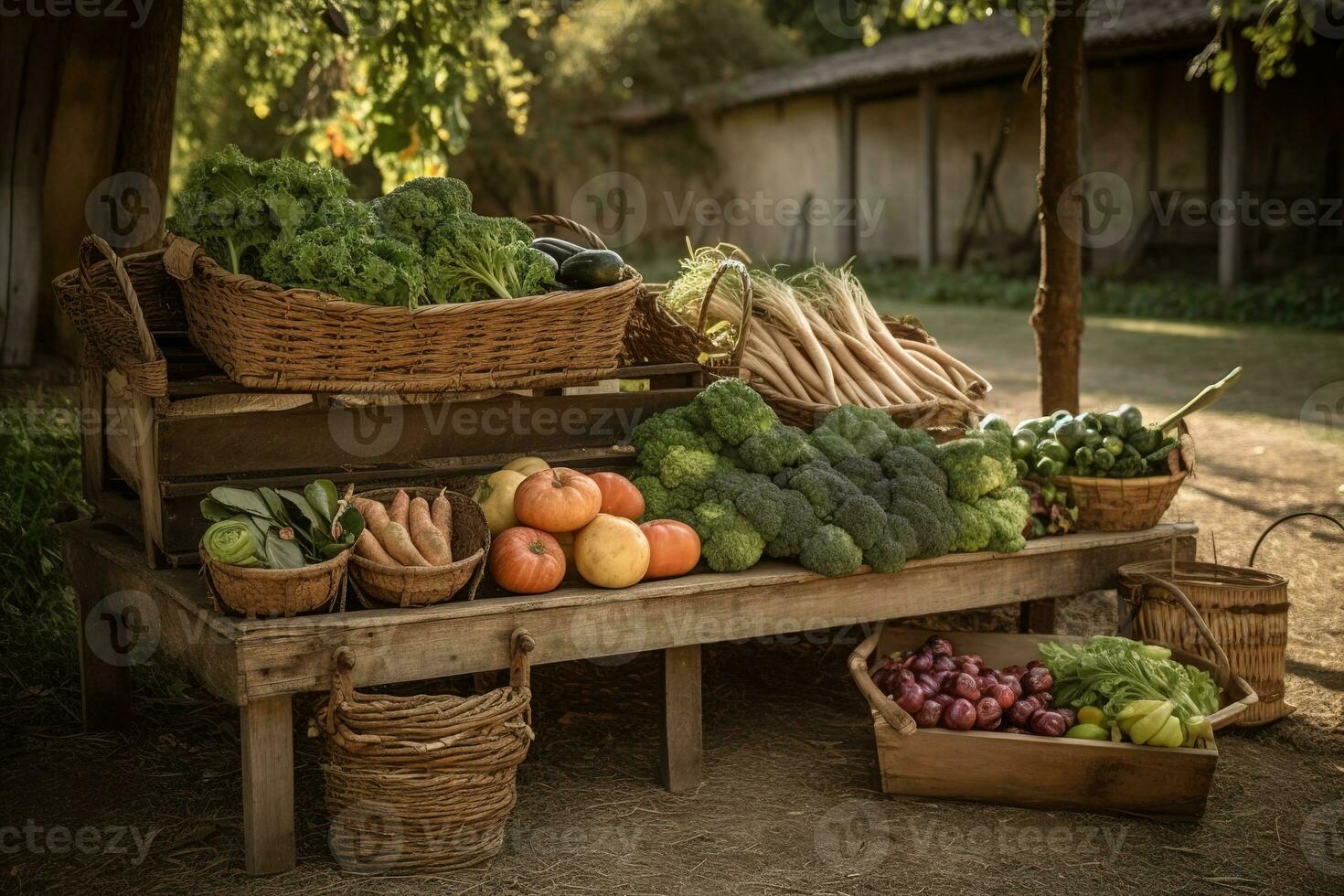 un encantador, rústico escena de un vegetal cosecha desplegado en un de madera caja, mimbre cesta, carretilla, enfatizando el de la granja a la mesa concepto y el frescura de el producir. generativo ai foto