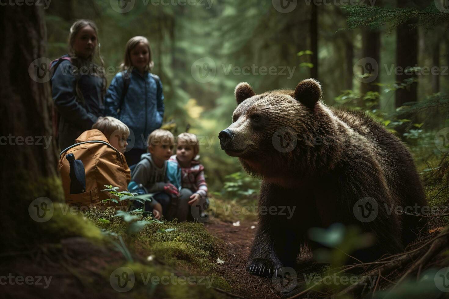 A captivating, wildlife encounter during a family camping trip, featuring parents and children observing a bear from a safe distance. Sense of wonder and appreciation for nature. Generative AI. photo