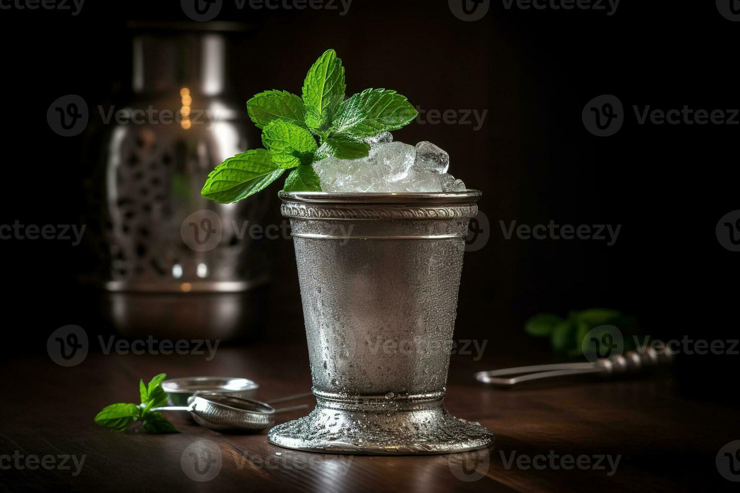 A classic, iconic cocktail scene, featuring a refreshing mint julep served in a traditional silver cup with crushed ice, fresh mint leaves, and a dusting of powdered sugar. Generative AI photo