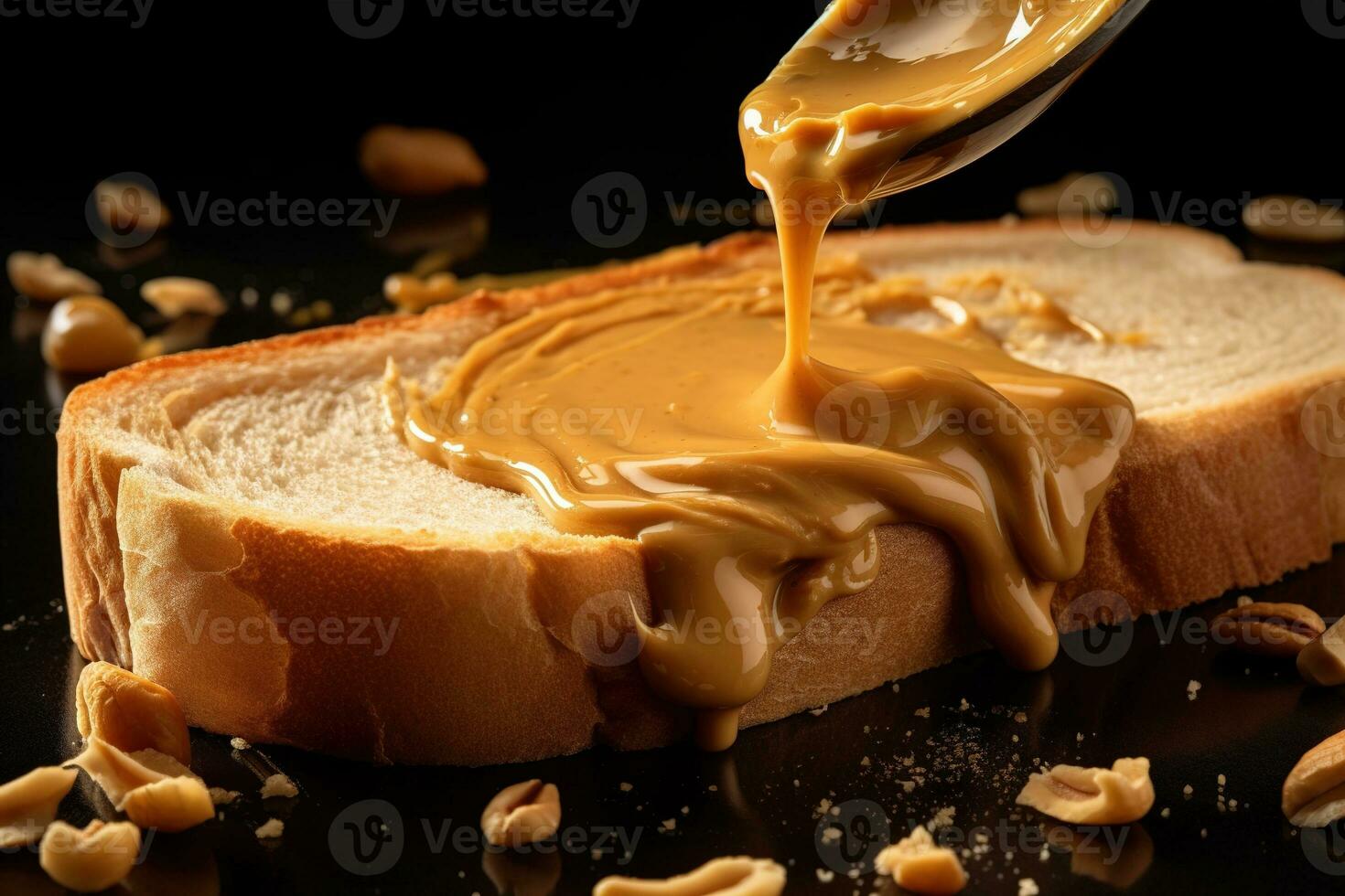 A close-up, appetizing image of creamy peanut butter being spread onto a slice of warm, toasted bread, of the popular spread. Generative AI photo