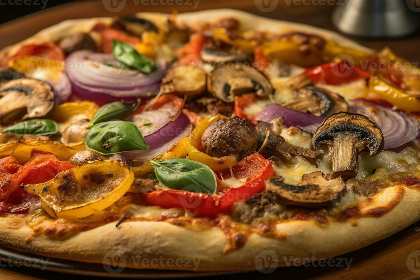 A close-up of a grilled vegetable pizza. The pizza have a crispy crust and be topped with fresh vegetables like tomatoes, onions, and mushrooms. Generative AI photo