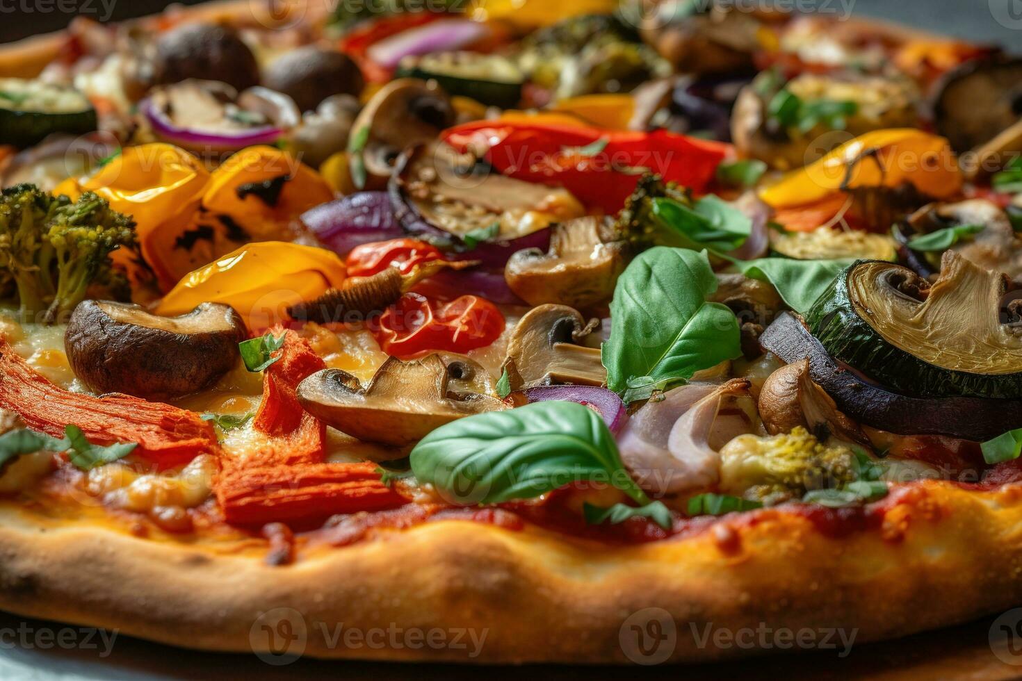 A close-up of a grilled vegetable pizza. The pizza have a crispy crust and be topped with fresh vegetables like tomatoes, onions, and mushrooms. Generative AI photo