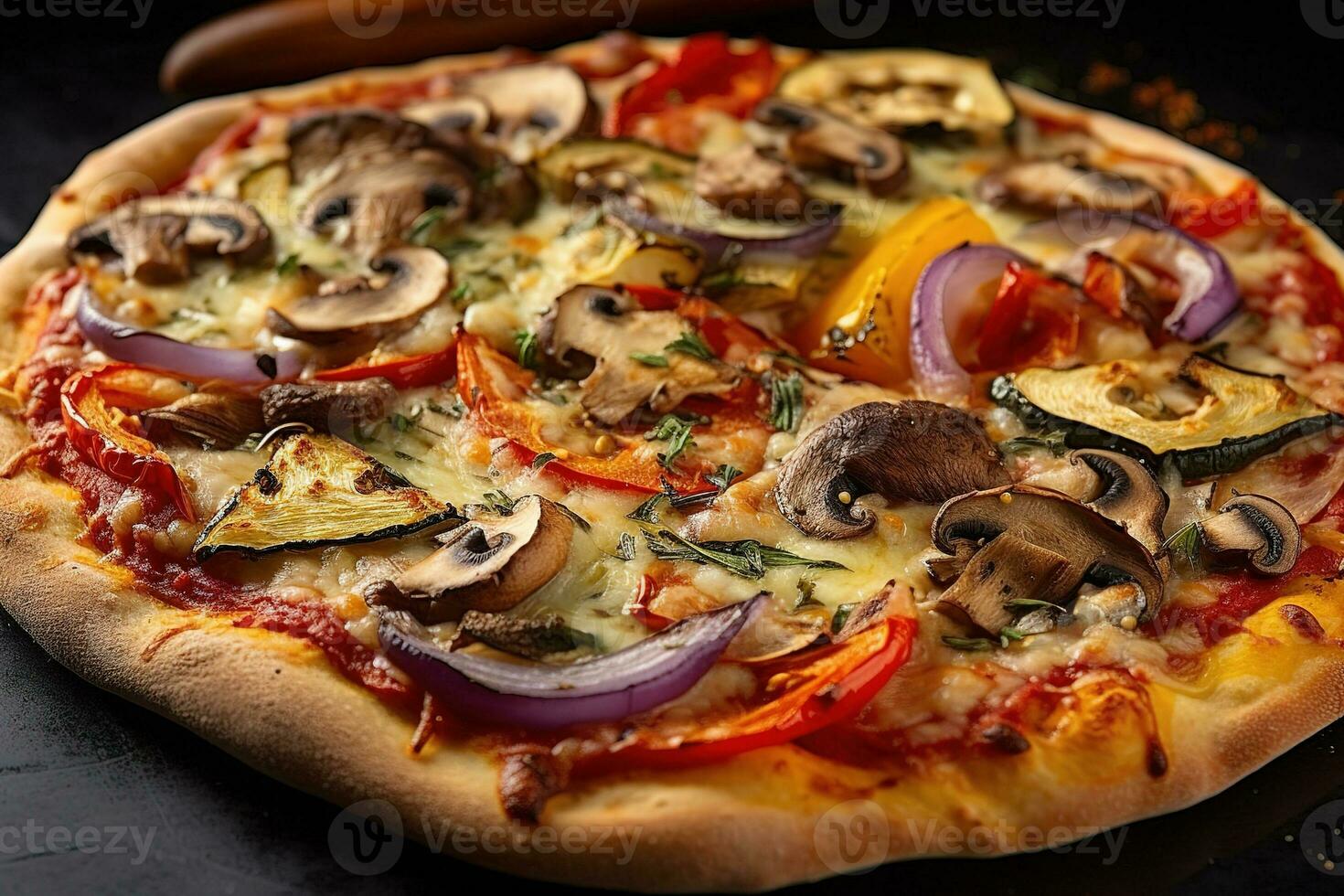 A close-up of a grilled vegetable pizza. The pizza have a crispy crust and be topped with fresh vegetables like tomatoes, onions, and mushrooms. Generative AI photo