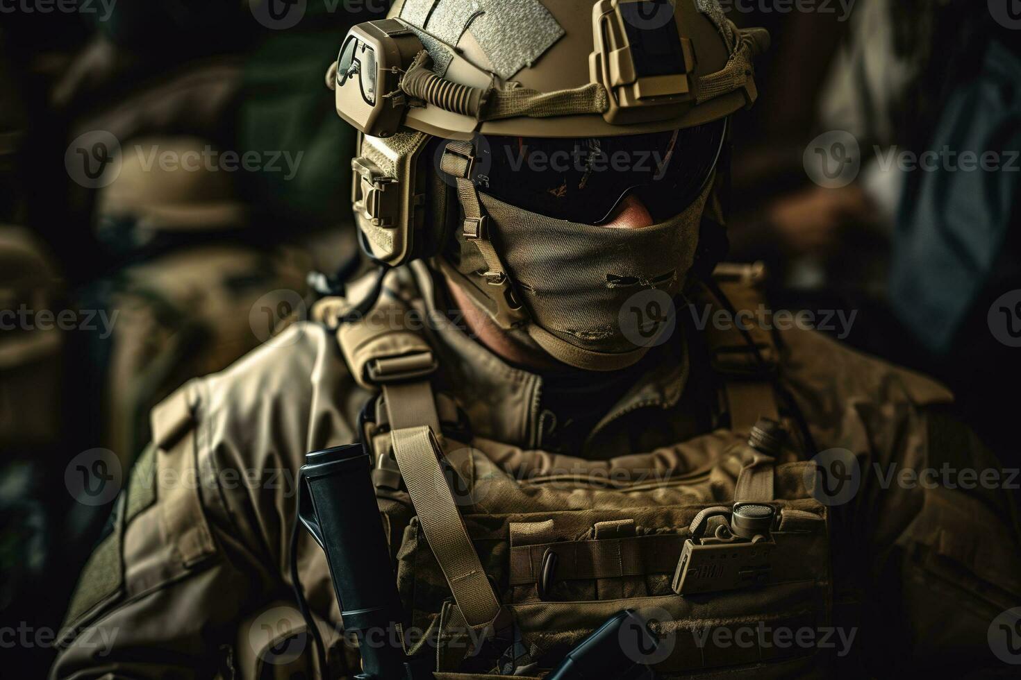 A close-up Special Forces soldier in full tactical gear, including body armor, helmet, and weapon. Generative AI photo