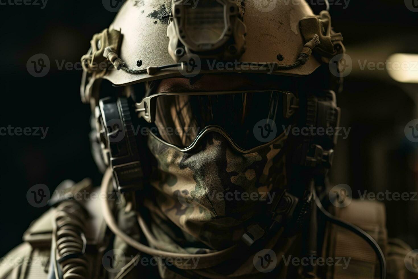 un de cerca especial efectivo soldado en lleno táctico engranaje, incluso cuerpo armadura, casco, y arma. generativo ai foto