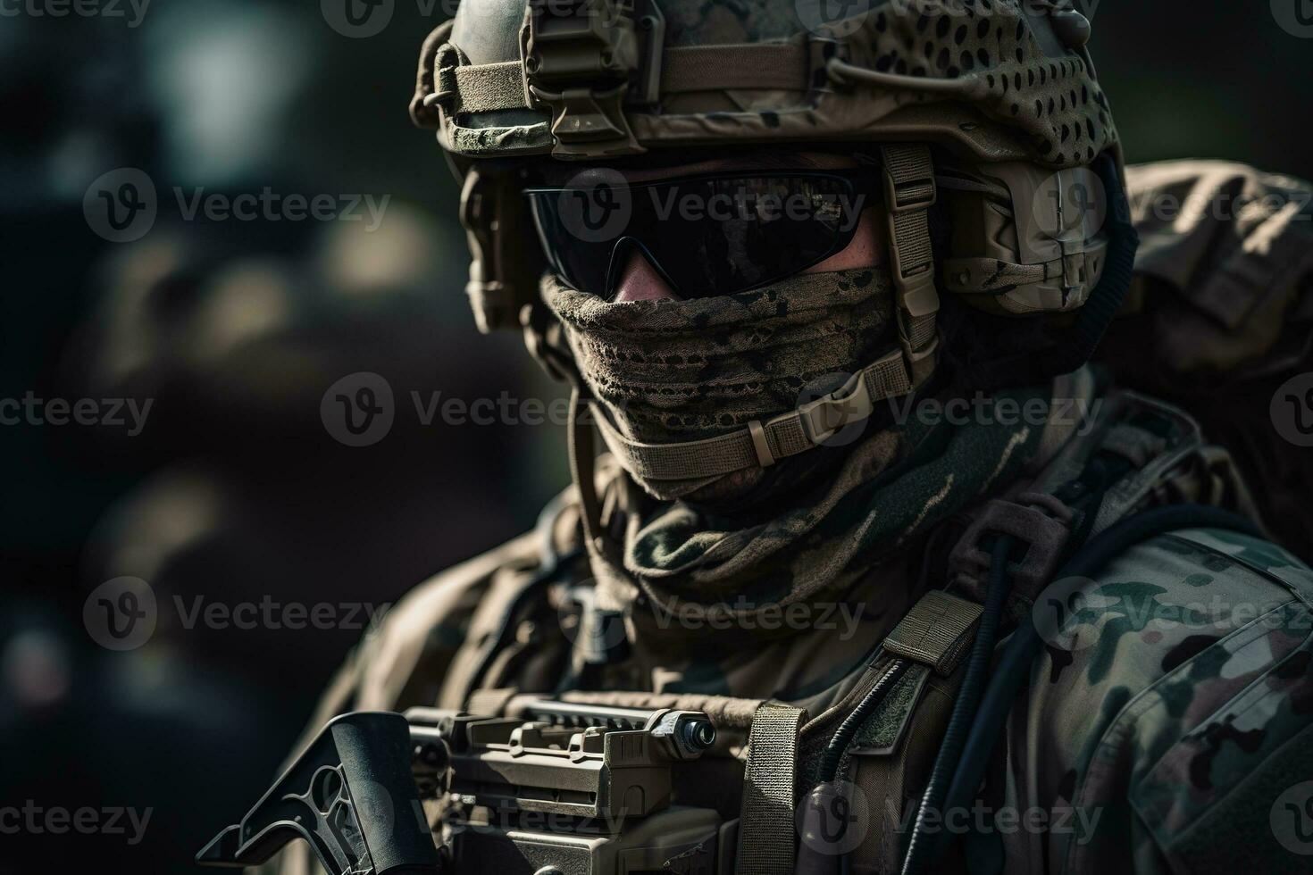 A close-up Special Forces soldier in full tactical gear, including body armor, helmet, and weapon. Generative AI photo