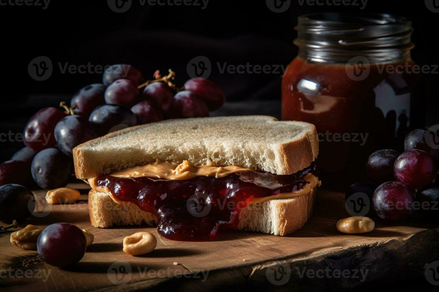 Classic peanut butter and jelly sandwich, with the rich, creamy peanut butter perfectly paired with a sweet, fruity jam or jelly. Generative AI. photo