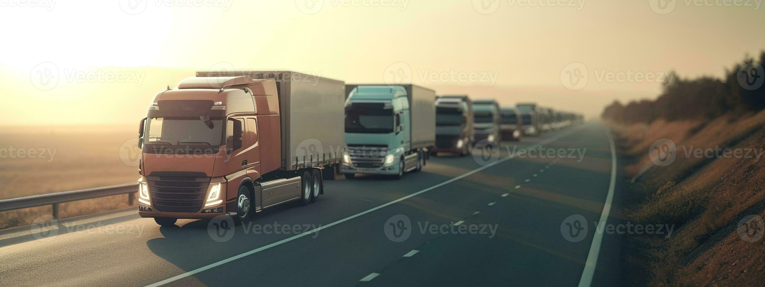 A convoy of trucks traveling along a long highway. Concept Strike Transportation banner. Generative AI. photo