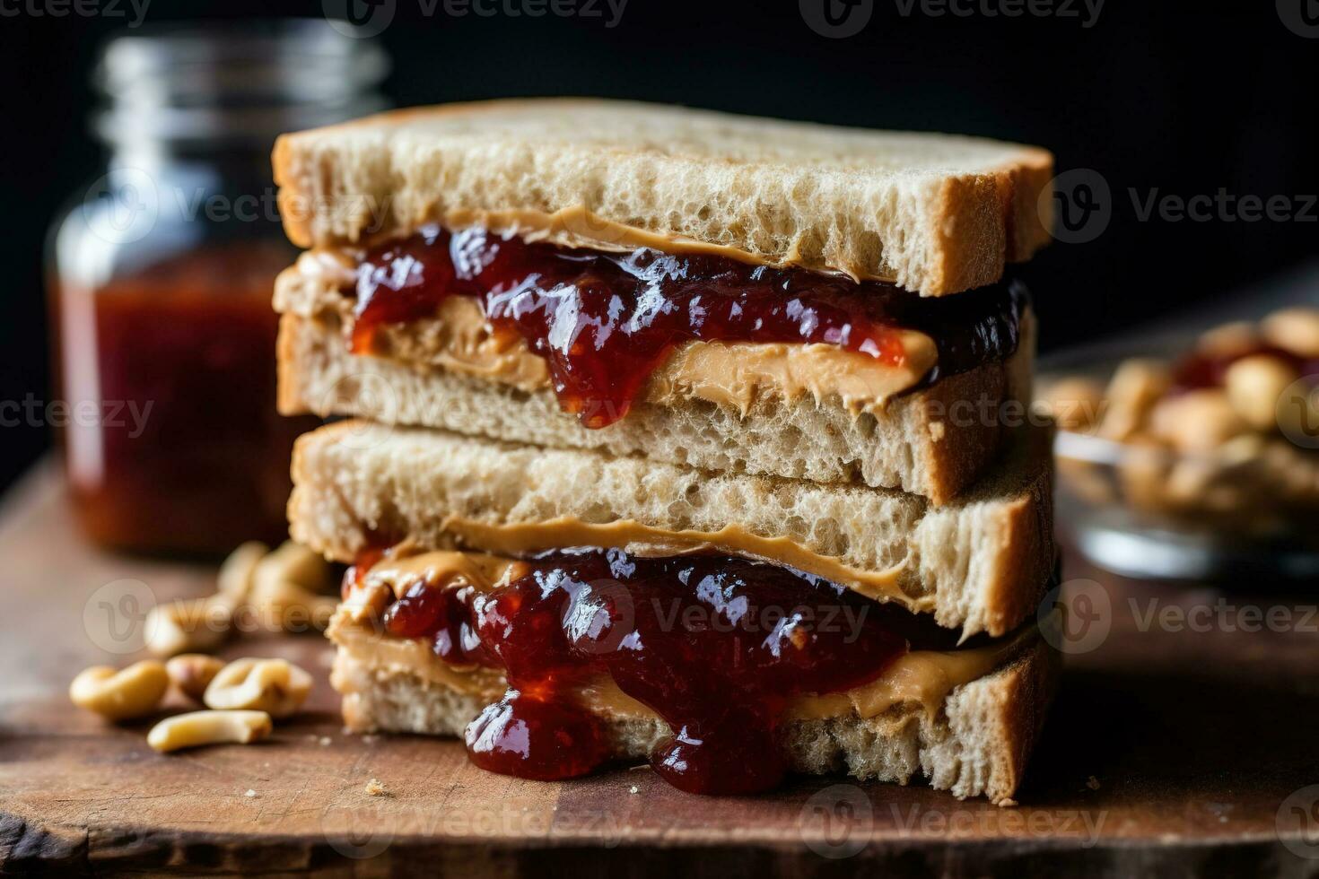 Classic peanut butter and jelly sandwich, with the rich, creamy peanut butter perfectly paired with a sweet, fruity jam or jelly. Generative AI. photo