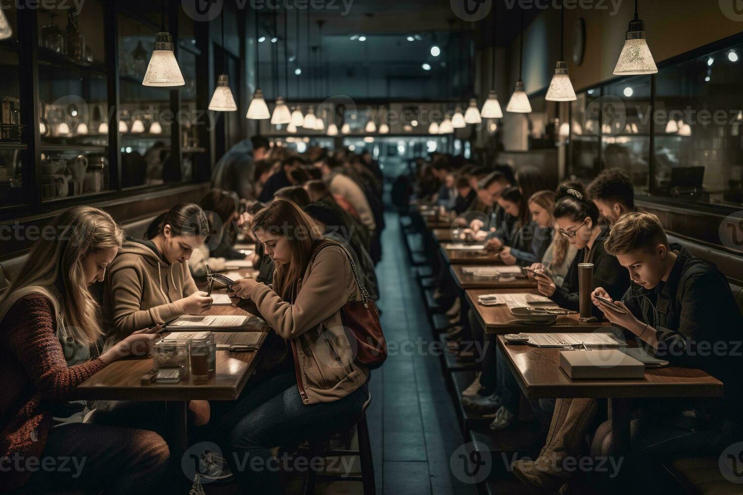 A coffee shop filled with patrons. Hands clutch smartphones and tablets, fingers rapidly tapping and swiping. Social media addiction. Generative AI. photo