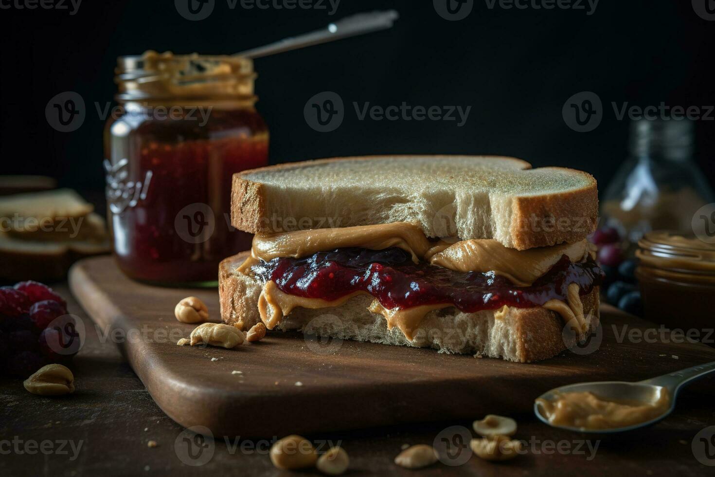 Classic peanut butter and jelly sandwich, with the rich, creamy peanut butter perfectly paired with a sweet, fruity jam or jelly. Generative AI. photo