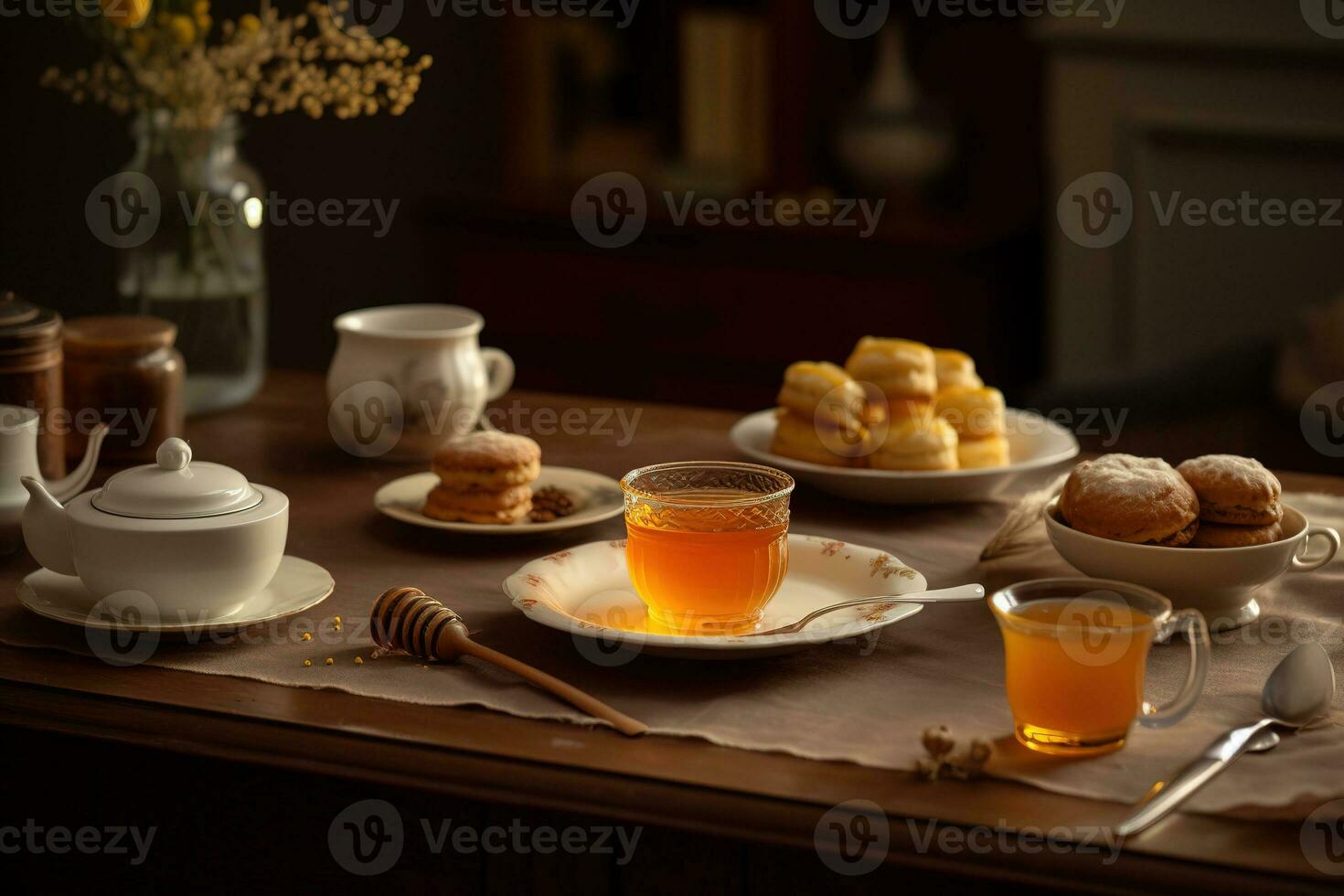 A cozy, honey tea scene, featuring a steaming cup of tea sweetened with a drizzle of golden honey, accompanied by a plate of honey flavored biscuits set in a warm, inviting atmosphere. Generative AI photo