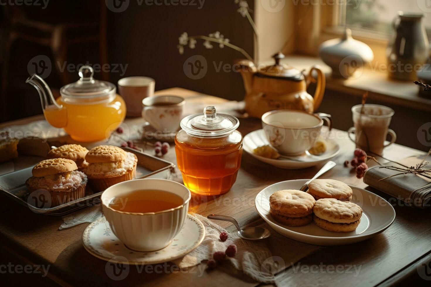 A cozy, honey tea scene, featuring a steaming cup of tea sweetened with a drizzle of golden honey, accompanied by a plate of honey flavored biscuits set in a warm, inviting atmosphere. Generative AI photo