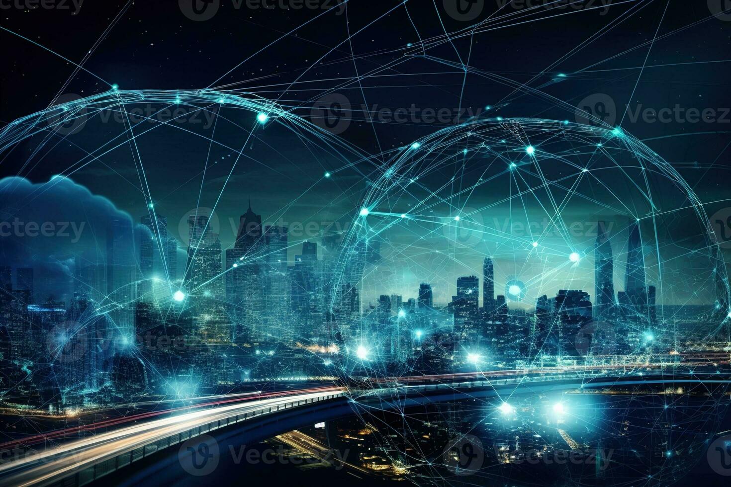 A creative, conceptual image representing automotive global communication, such as a network of connected vehicles, a futuristic cityscape with intelligent transportation systems. Generative AI. photo