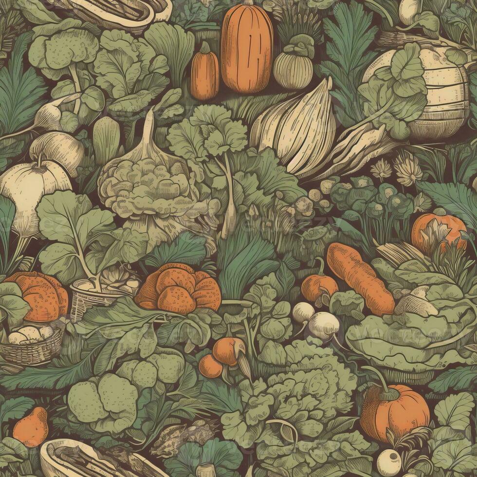 A creative, artistic interpretation of a vegetable harvest, featuring illustrations of various vegetables, tools, and harvesting scenes, set against a visually pleasing, backdrop. Generative AI. photo