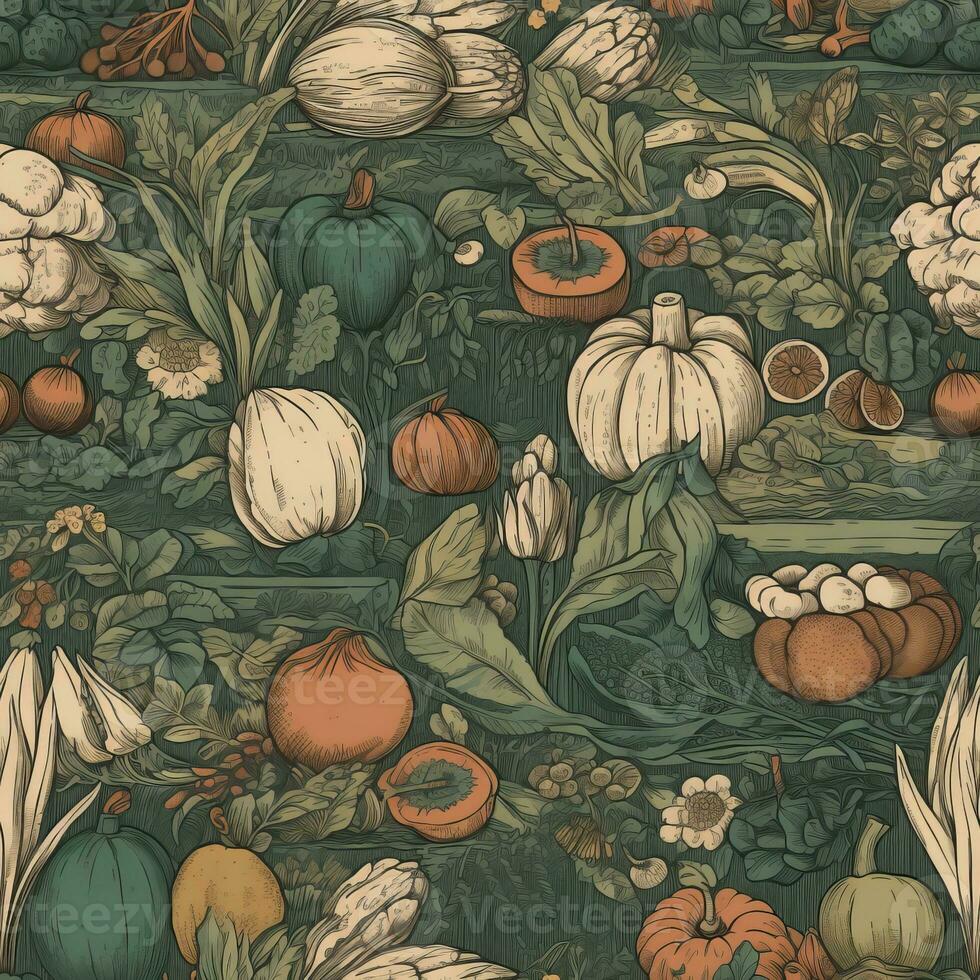 A creative, artistic interpretation of a vegetable harvest, featuring illustrations of various vegetables, tools, and harvesting scenes, set against a visually pleasing, backdrop. Generative AI. photo