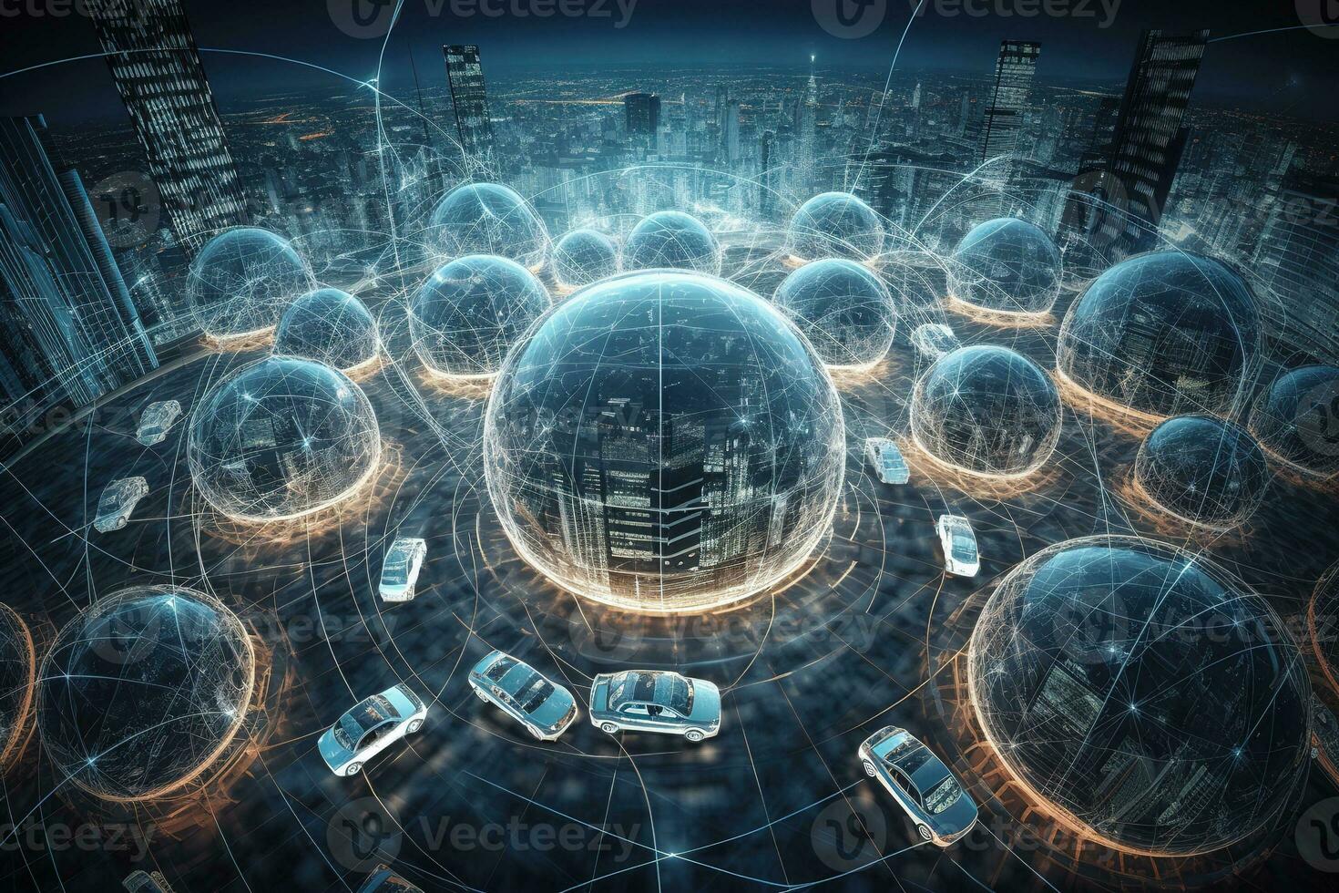 A creative, conceptual image representing automotive global communication, such as a network of connected vehicles, a futuristic cityscape with intelligent transportation systems. Generative AI. photo