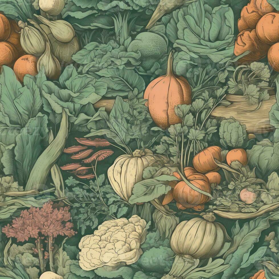 A creative, artistic interpretation of a vegetable harvest, featuring illustrations of various vegetables, tools, and harvesting scenes, set against a visually pleasing, backdrop. Generative AI. photo