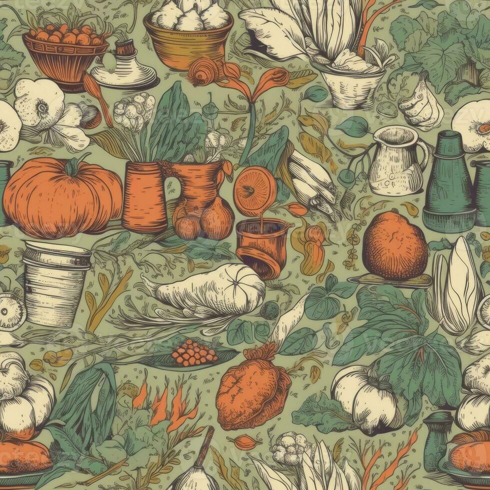 A creative, artistic interpretation of a vegetable harvest, featuring illustrations of various vegetables, tools, and harvesting scenes, set against a visually pleasing, backdrop. Generative AI. photo