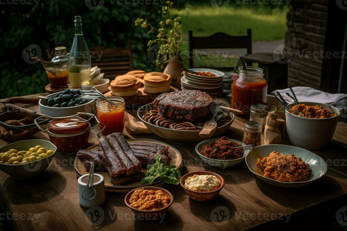 A variety of barbecued dishes, such as burgers, ribs, or grilled vegetables, accompanied by refreshing side dishes and sauces, set against a rustic, wooden table. Generative AI. photo