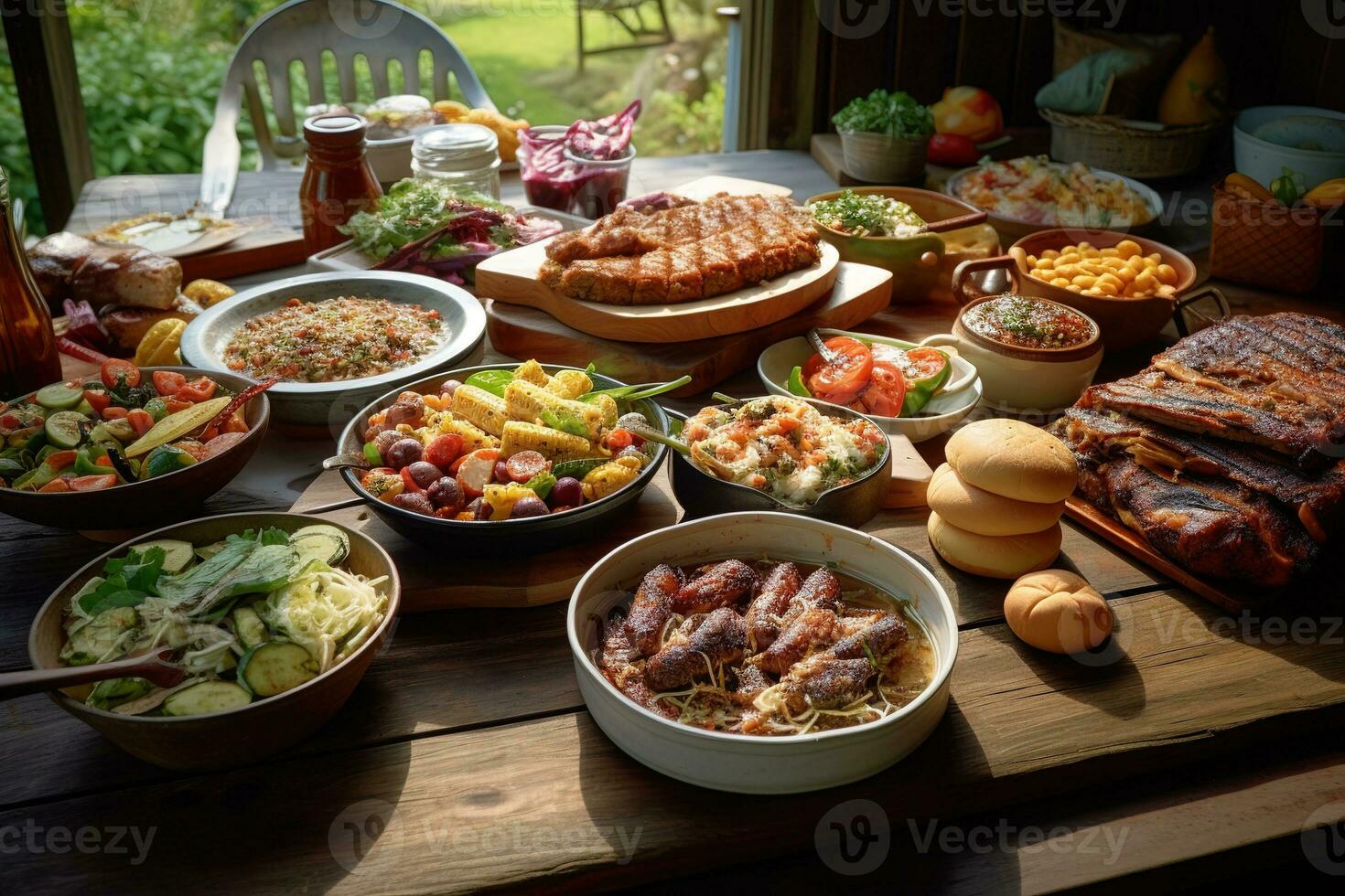 un variedad de asado platos, tal como hamburguesas, costillas, o A la parrilla verduras, acompañado por refrescante lado platos y salsas, conjunto en contra un rústico, de madera mesa. generativo ai. foto