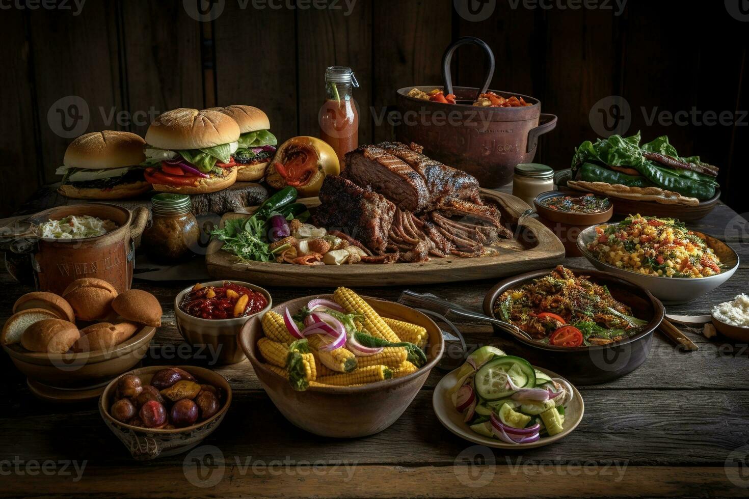 A variety of barbecued dishes, such as burgers, ribs, or grilled vegetables, accompanied by refreshing side dishes and sauces, set against a rustic, wooden table. Generative AI. photo