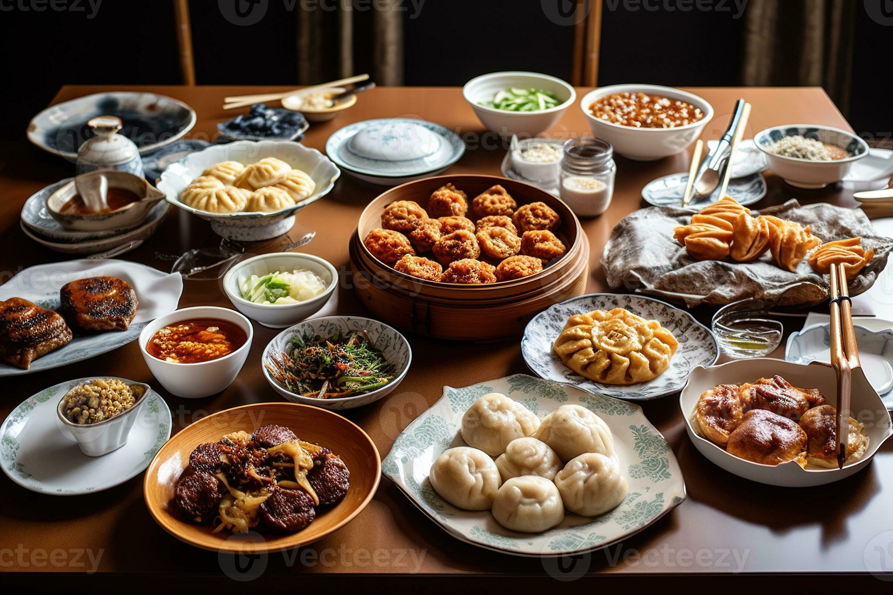A delicious, Chinese meal, highlighting a variety of dishes such as