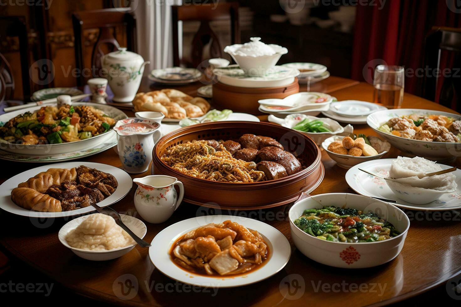 A delicious, Chinese meal, highlighting a variety of dishes such as Peking duck, mapo tofu and dumplings, served on a lazy Susan or large table, encouraging sharing and togetherness. Generative AI photo