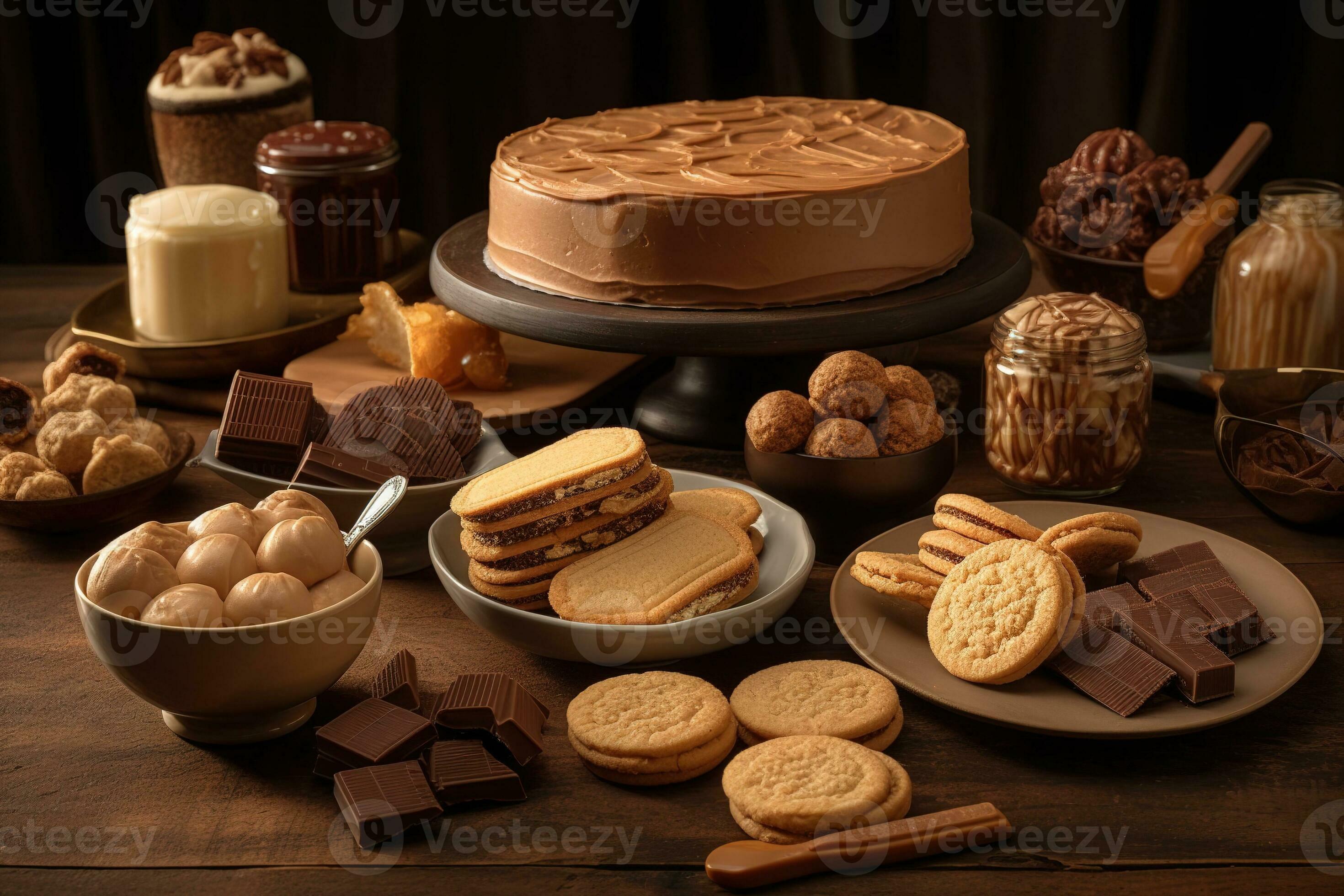 A delightful, peanut butter dessert scene, showcasing a variety of 