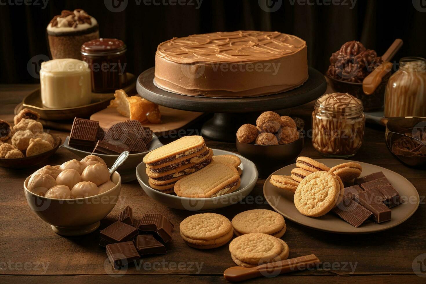 un encantador, maní mantequilla postre escena, exhibiendo un variedad de Agua en la boca golosinas, tal como maní mantequilla galletas, maní mantequilla Dulce de azúcar, y maní relleno de mantequilla chocolate dulces. generativo ai foto