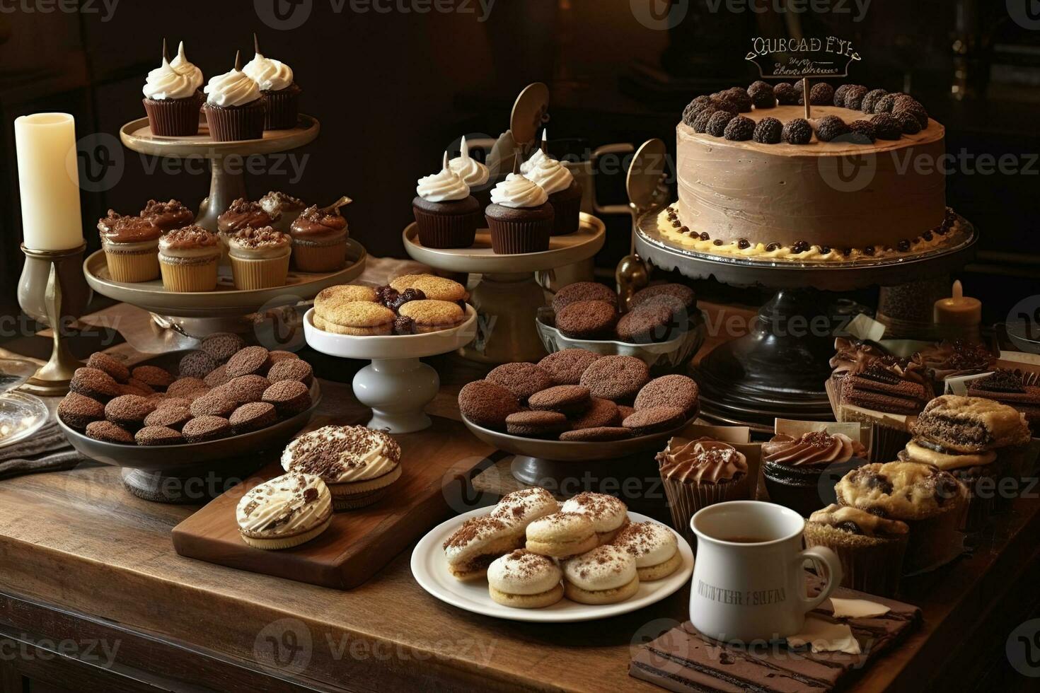 A delightful, coffee-themed dessert table, showcasing an array of coffee-infused treats, such as espresso brownies, cappuccino cupcakes, and coffee-flavored ice cream. Generative AI photo