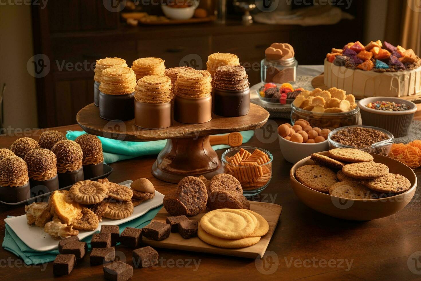 A delightful, peanut butter dessert scene, showcasing a variety of mouthwatering treats, such as peanut butter cookies, peanut butter fudge, and peanut butter-filled chocolate candies. Generative AI photo