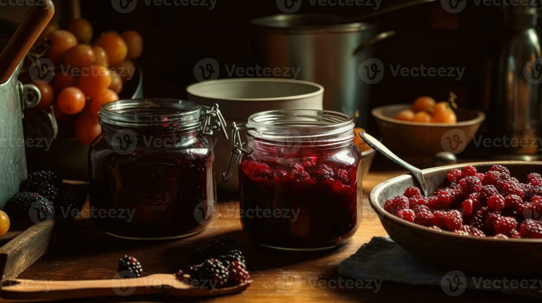 Home cook preparing a batch of fresh, homemade jam, using ripe, seasonal fruit, sugar, and a bubbling, simmering pot on the stove. Generative AI photo