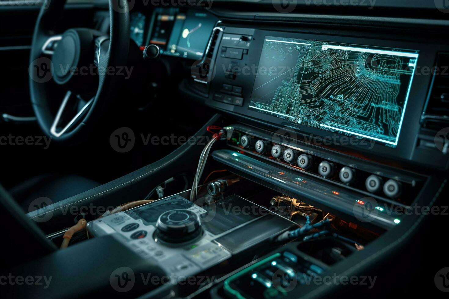 Close-up of automotive communication components, such as sensors, antennas, onboard computers, emphasizing the importance of these items in enhancing vehicle connectivity and safety. Generative AI photo