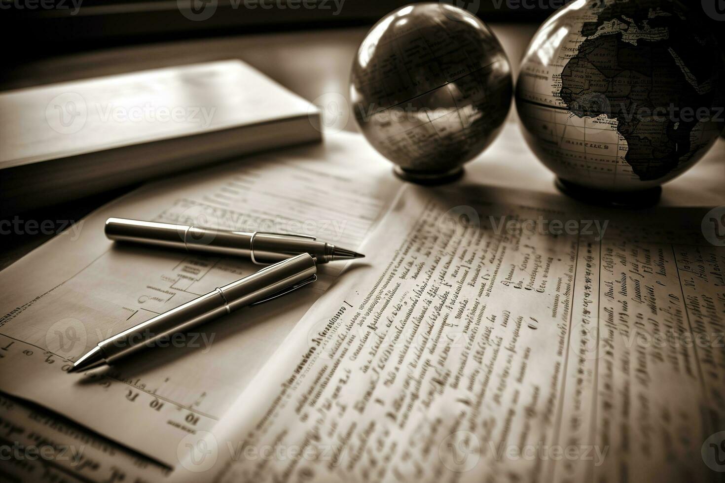 A detailed, close-up shot of essential documents or tools related to the global economy, such as international trade agreements, tax forms, or financial reports. Generative AI photo