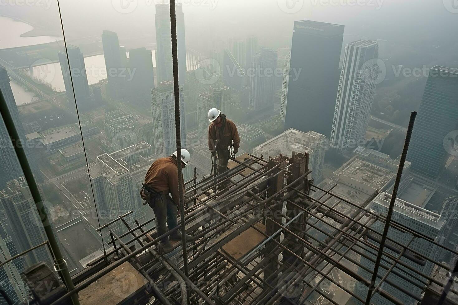 A dramatic, high-angle shot of skyscraper builders working at dizzying heights, skillfully assembling steel beams and securing building materials. Generative AI. photo