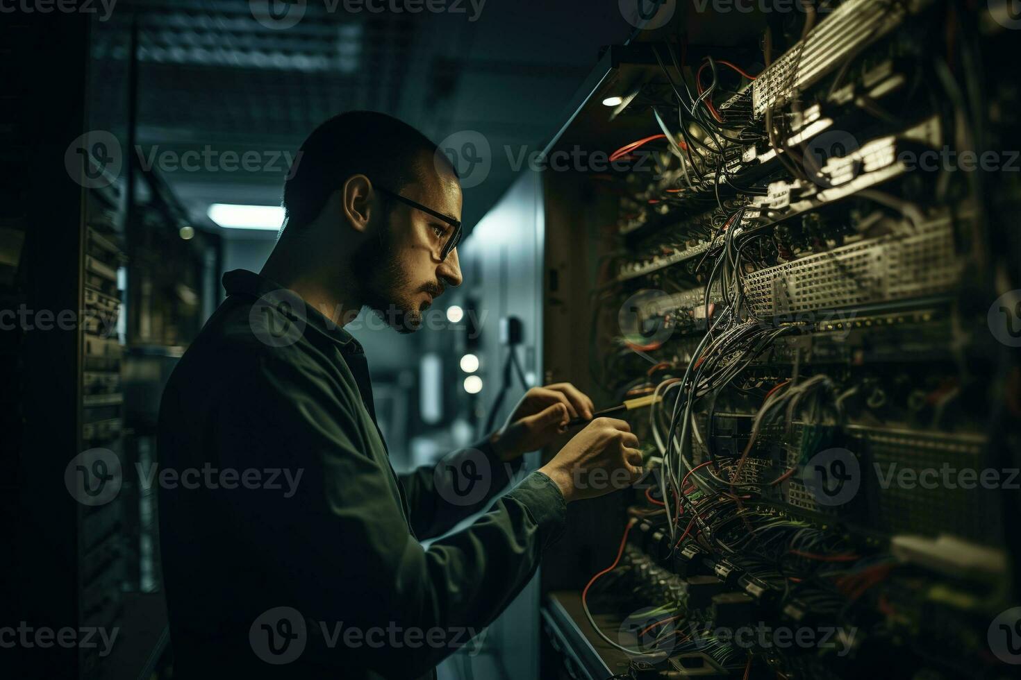An IT professional troubleshooting a complex network issue and solving problem, showcasing their skill, focus, and expertise, set against the backdrop of a server room. Generative AI photo